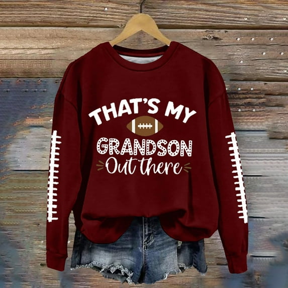 Baberdicy Women's Hoodless Hoodie Women's That's My Grandson Out There Football Lover Casual Sweatshirt, Pullover Sweatshirts for Women Wine Xl