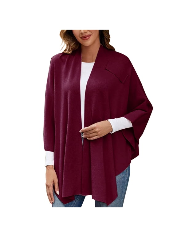 Women's Knit Cape - Long Winter Wrap - Elegant Shawl - Concert Dress - Cold Weather Protection - Womens Large Front Ponchos Knitted Sweater Wrap Topper Fall Red,One Size