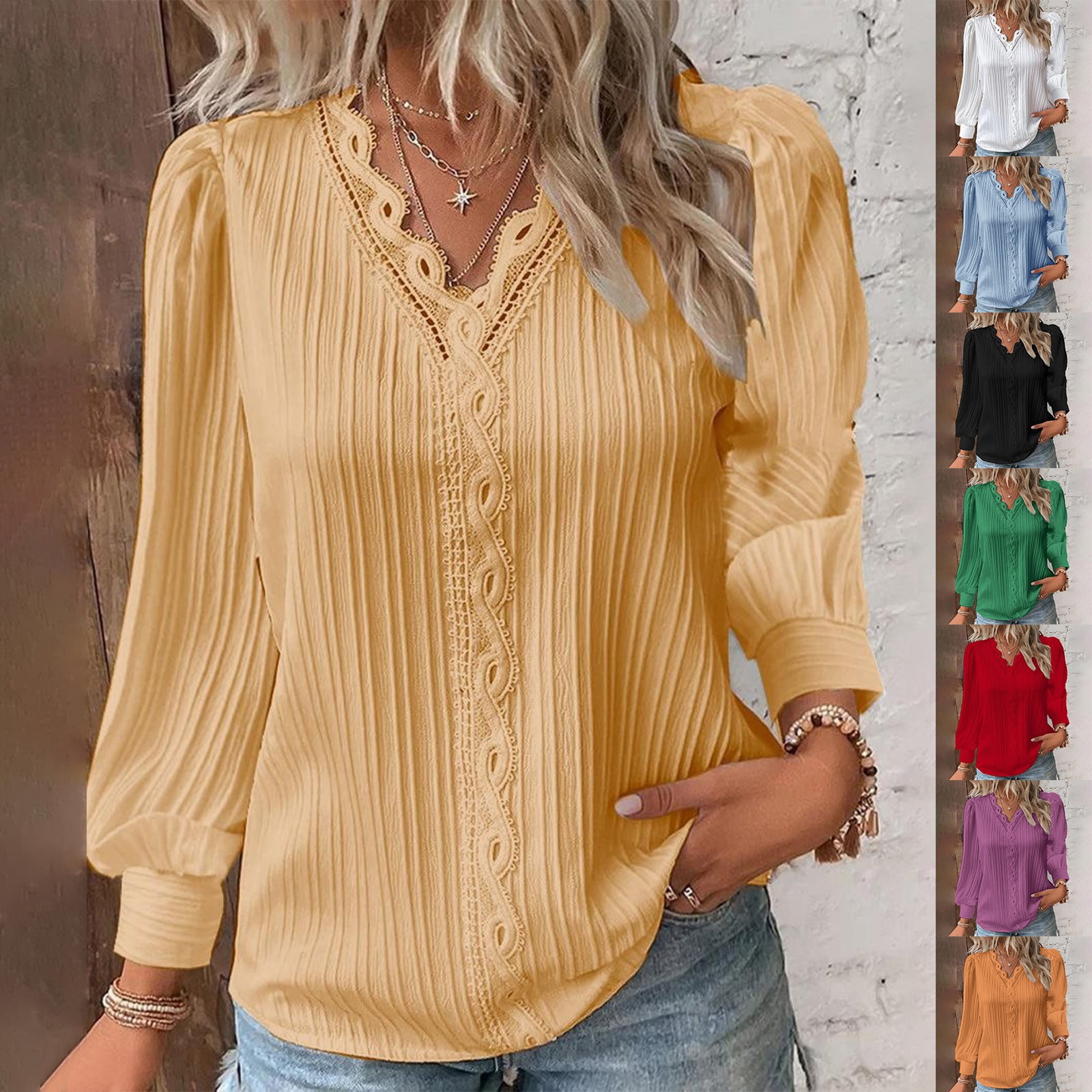 Baberdicy Women's Lace Blouses V Neck Long Sleeve Sheer Casual Tops ...
