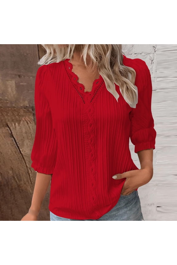 Women's Lace Edge Linen Shirts Relaxed Fit Tunic Tops for Summer Office Casual Outings Red 4Xl