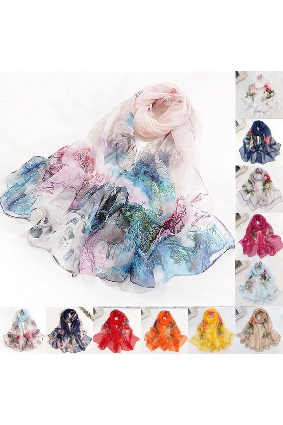 Women's Lightweight Chiffon Scarf, Floral Print Shawl Wrap for Spring Summer, Sheer Beige L2