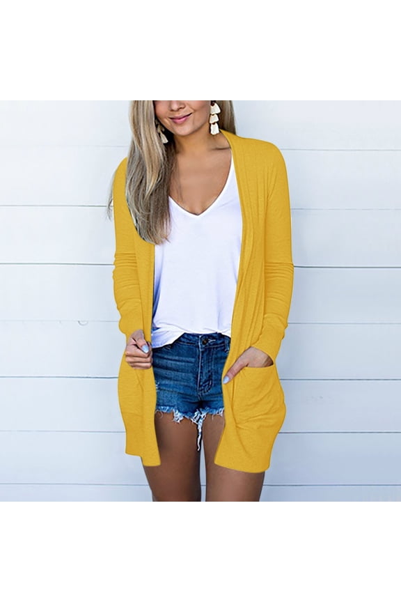 Women's Lightweight Long Cardigan with Pockets, Fall Open Front Duster Sweater , Deep Pockets Included Yellow L