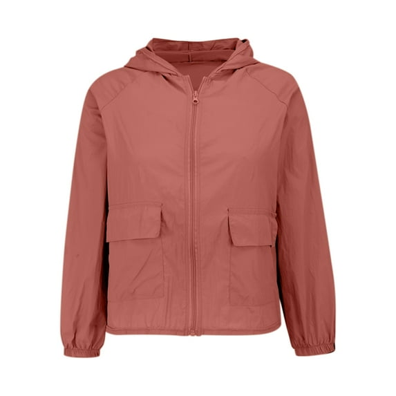 Baberdicy Women's Lightweight Rain Jacket - Hooded Waterproof Windbreaker with Zipper Pockets, Outdoor Sun Protection Coat (Red | XL)