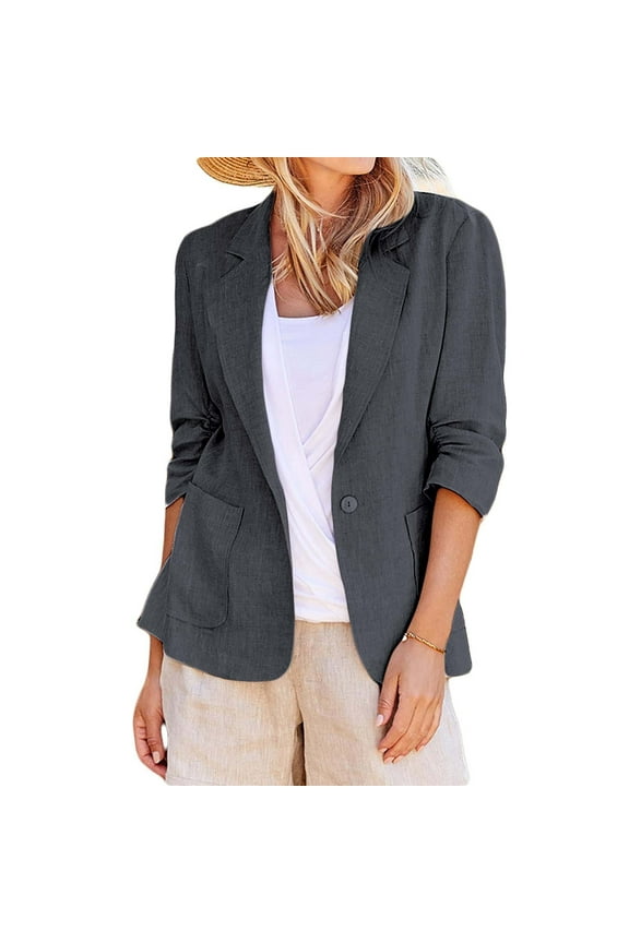 Women's Linen-Blazer, 3/4-Sleeve Office Jacket, Summer Meetings & Garden Parties , Linen-Blend Blazer, Solid Single-Breath Jacket, Summer Office Coat Dark Gray L