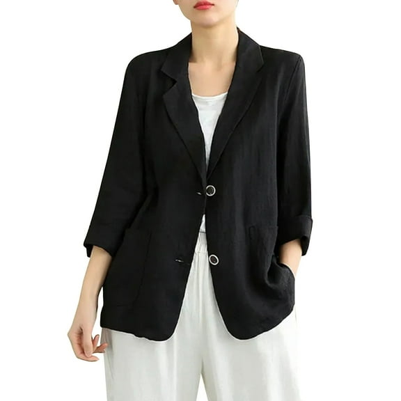 Baberdicy Women's Linen Blazer Jacket Lightweight Linen Suit Jacket for Women - Casual Long Sleeve Open Front Blazer - Spring Summer Office Coat (S-XXL) (Black | M)