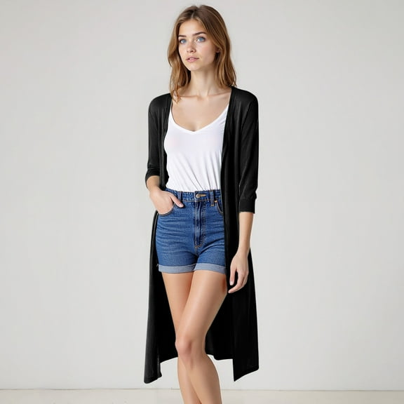 Baberdicy Women's Linen-Blend Long Cardigan, Ice-Cotton Duster, Summer Beach & Cruise , Linen-Blend Long Cardigan, Ice-Cotton Duster, Summer Layer Black M