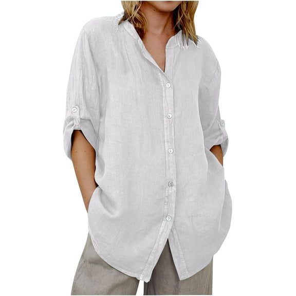 Baberdicy Women's Linen Button-Down Shirt - Long Sleeve Oversized Blouse, Relaxed Fit Bamboo Texture Collared Top for Casual Wear (White | S)