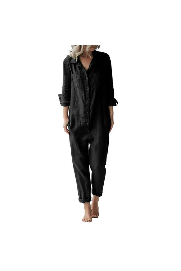 Women's Linen Button down Jumpsuit - Pocket Utility Romper Clearance! Plus Size Jumpsuit for Curvy Women Black Xxl