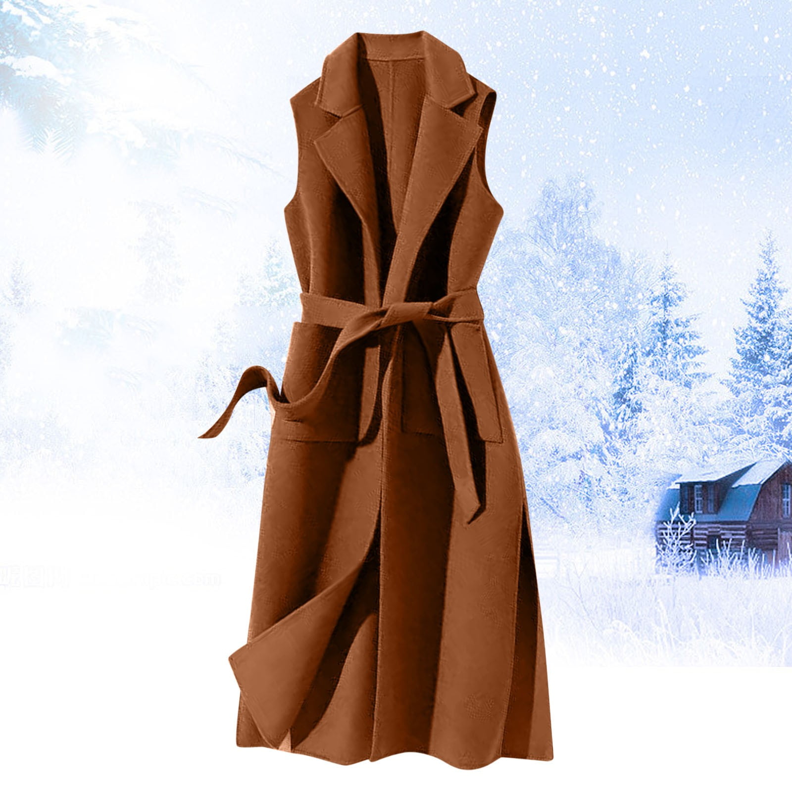 Baberdicy Women's Long Belted Vest, Autumn Winter Tweed Sleeveless