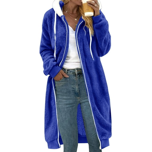 Baberdicy Women's Long Double-Sided Plush Coat, Thick Flannel Faux Fur Hooded Parka , Reversible Hooded Plush Coat, Fleece Faux-Fur Jacket, Winter Layer Blue Xl