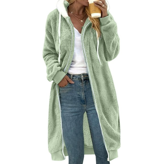 Baberdicy Women's Long Double-Sided Plush Coat, Thick Flannel Faux Fur Hooded Parka , Reversible Hooded Plush Coat, Fleece Faux-Fur Jacket, Winter Layer Mint Green S