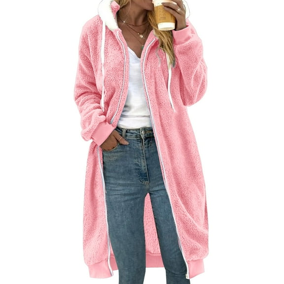 Baberdicy Women's Long Double-Sided Plush Coat, Thick Flannel Faux Fur Hooded Parka , Reversible Hooded Plush Coat, Fleece Faux-Fur Jacket, Winter Layer Pink M