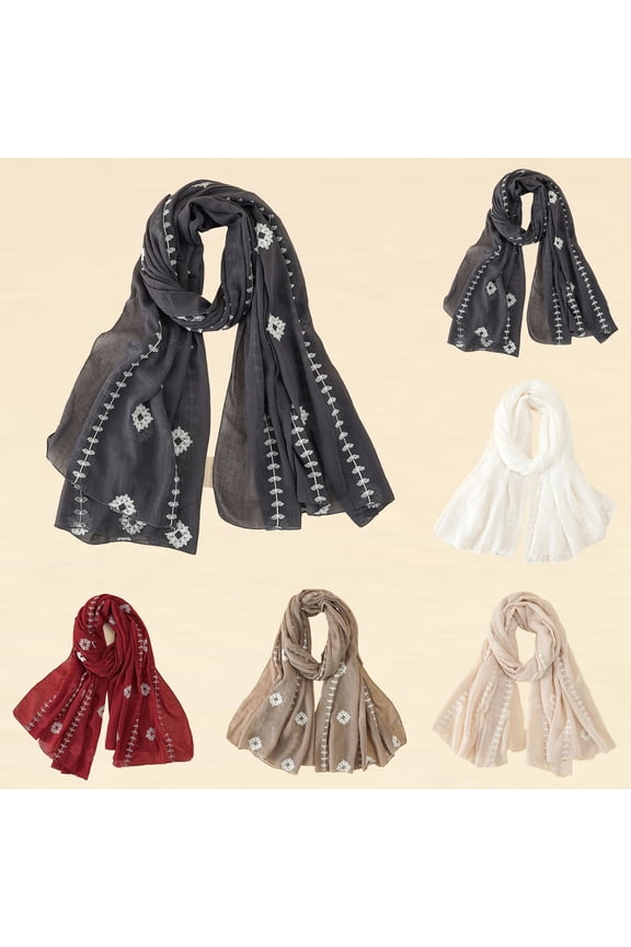 Women's Long Lightweight Scarf, Embroidered Linen Cotton Shawl, Bohemian Plain Wrap for Spring And Autumn,Beige Fits All – Gift Ready