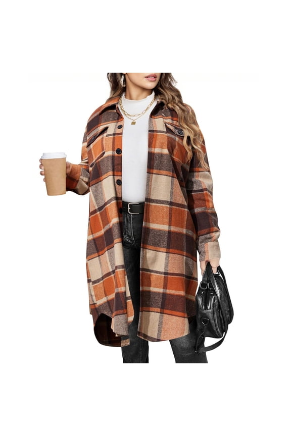 Women's Long Plaid Shirt Jacket, Tweed Open Front Oversized Cardigan , Plaid Wool-Blend Shacket, Long Shirt-Cardigan, Fall Layer Orange Xl
