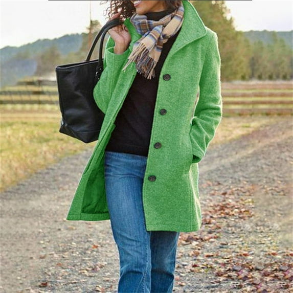 Baberdicy Women's Long Wool Blend Coat, Vintage Stand Collar Single Breasted Button Trench Overcoat , Vintage Wool-Blend Coat, Double-Breasted Long Jacket, Retro Overcoat Green Xl