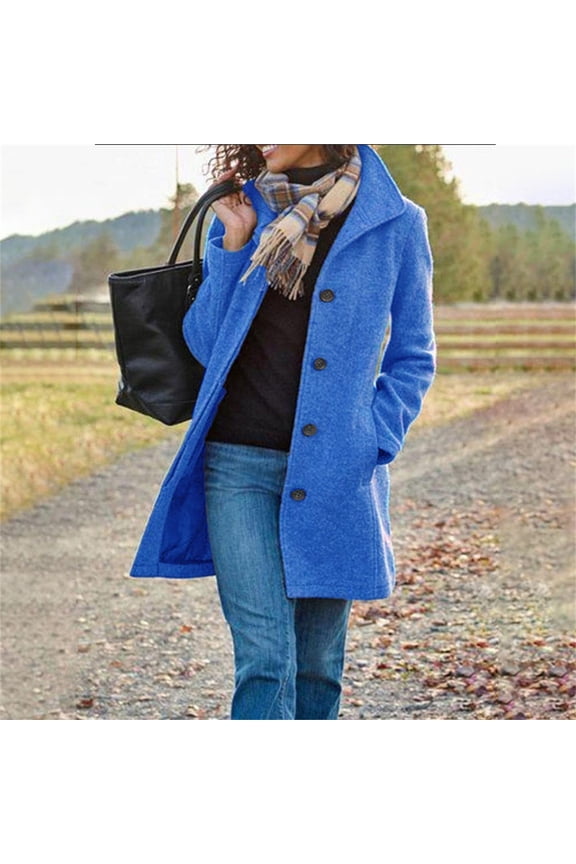 Women's Long Wool Blend Coat, Vintage Stand Collar Single Breasted Button Trench Overcoat , Vintage Wool-Blend Coat, Double-Breasted Long Jacket, Retro Overcoat Blue Xxl