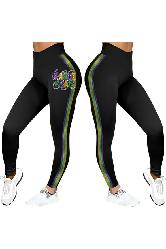 Women's Mardi Gras Leggings Letter Printed Fancy Slim Fit Workout Yoga Pants Black Polyester, Spandex