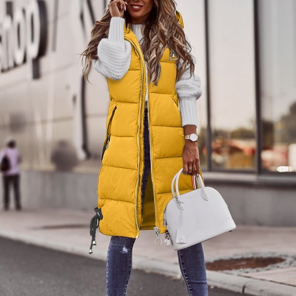 Baberdicy Women's Mid-Length Quilted Vest, Casual Sleeveless Zipper Pocket Jacket Coat for Fall Winter , Mid-Length Puffer Vest, Hooded Quilted Gilet, Casual Winter Layer Yellow M