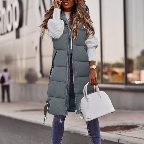 Baberdicy Women's Mid-Length Quilted Vest, Casual Sleeveless Zipper Pocket Jacket Coat for Fall Winter , Mid-Length Puffer Vest, Hooded Quilted Gilet, Casual Winter Layer Grey L
