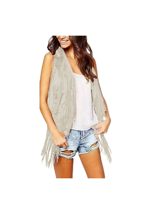 Women's Mid-Length Tassel Vest, Sleeveless Open Front Cardigan Tank Jacket , Solid Fringe Vest, Sleeveless Duster Cardigan, Boho Layer Beige 3Xl