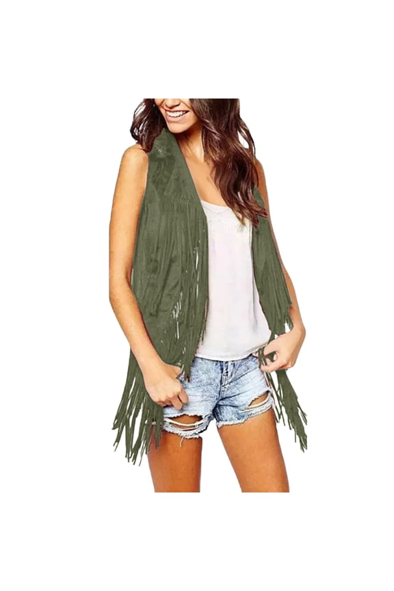 Women's Mid-Length Tassel Vest, Sleeveless Open Front Cardigan Tank Jacket , Solid Fringe Vest, Sleeveless Duster Cardigan, Boho Layer Green S