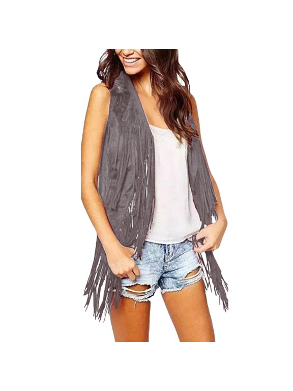 Women's Mid-Length Tassel Vest, Sleeveless Open Front Cardigan Tank Jacket , Solid Fringe Vest, Sleeveless Duster Cardigan, Boho Layer Grey 3Xl
