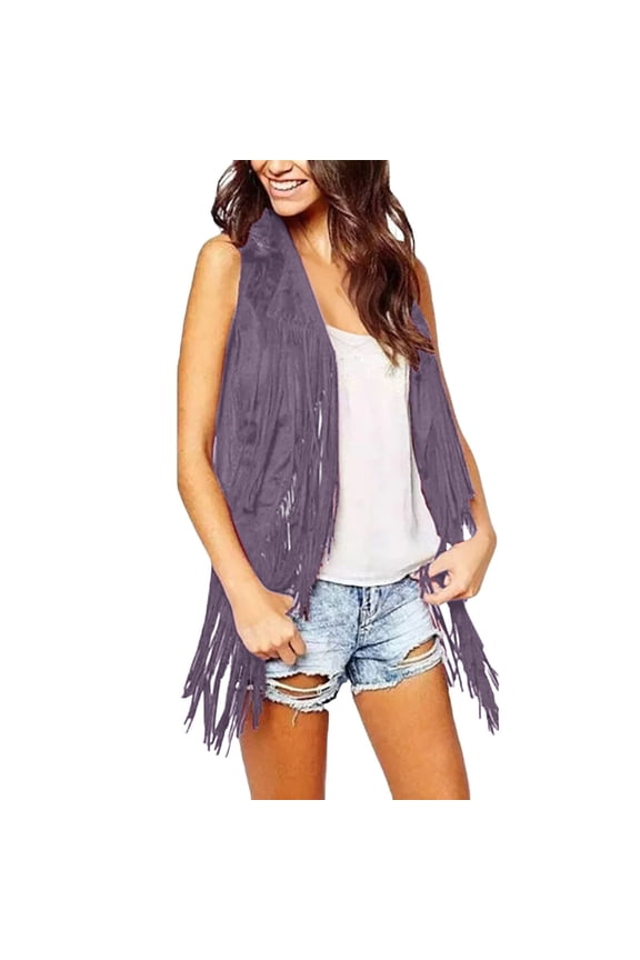 Women's Mid-Length Tassel Vest, Sleeveless Open Front Cardigan Tank Jacket , Solid Fringe Vest, Sleeveless Duster Cardigan, Boho Layer Purple Xxl