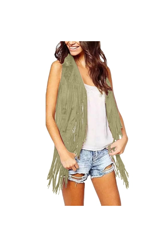 Women's Mid-Length Tassel Vest, Sleeveless Open Front Cardigan Tank Jacket , Solid Fringe Vest, Sleeveless Duster Cardigan, Boho Layer Yellow M