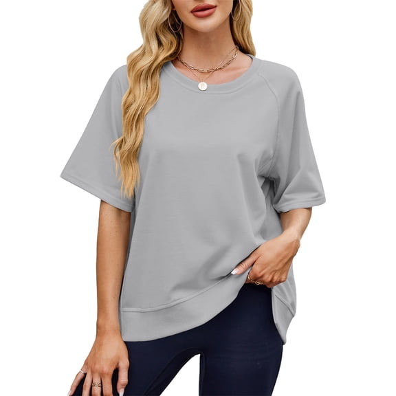 Baberdicy Women's Mid Sleeve Sweatshirt Loose Fit Round Neck Casual Pullover Lightweight Fall Top, Grey, M