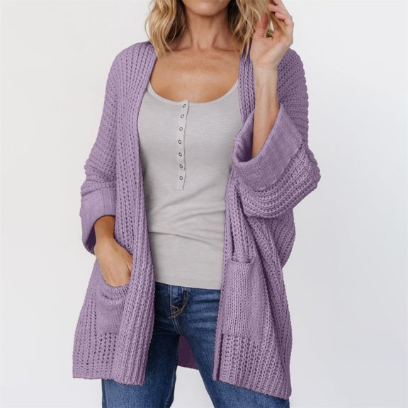 Baberdicy Women's Oversized 3/4 Sleeve Open Front Knit Cardigan Outwear with Pockets , 2025 Knit Cardigan, Solid Oversized Sweater, Trendy Lounge Coat Purple L