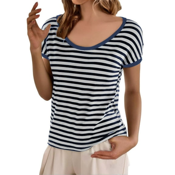 Baberdicy Women's Oversized Striped T-Shirt – Round Neck Loose Fit Cotton Tee, Plus Size Casual Top for Streetwear, Comfortable Relaxed Everyday Wear (Blue | XXL)