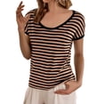 thumbnail image 1 of Baberdicy Women's Oversized Striped T-Shirt – Round Neck Loose Fit Cotton Tee, Plus Size Casual Top for Streetwear, Comfortable Relaxed Everyday Wear (Coffee | XXL), 1 of 8