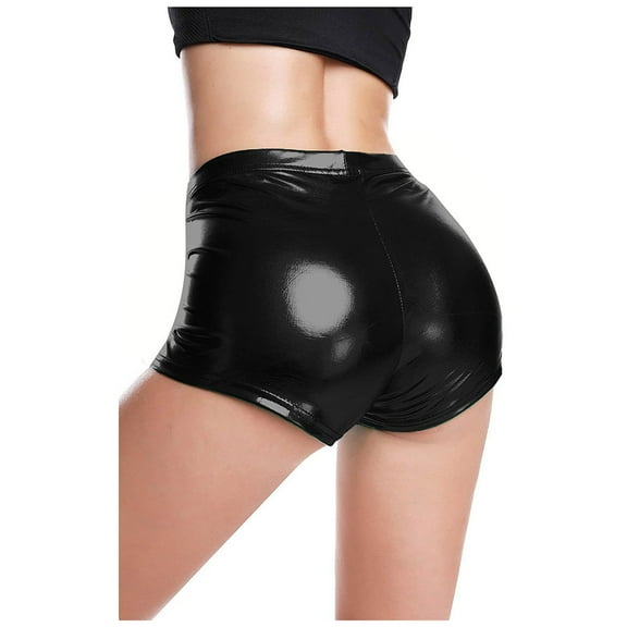 Baberdicy Women's Pants Panty Leather Short Rave Glossy Trousers Faux Women's High Dance Shorts Waist Pants Leather Shorts Shorts-B-Black