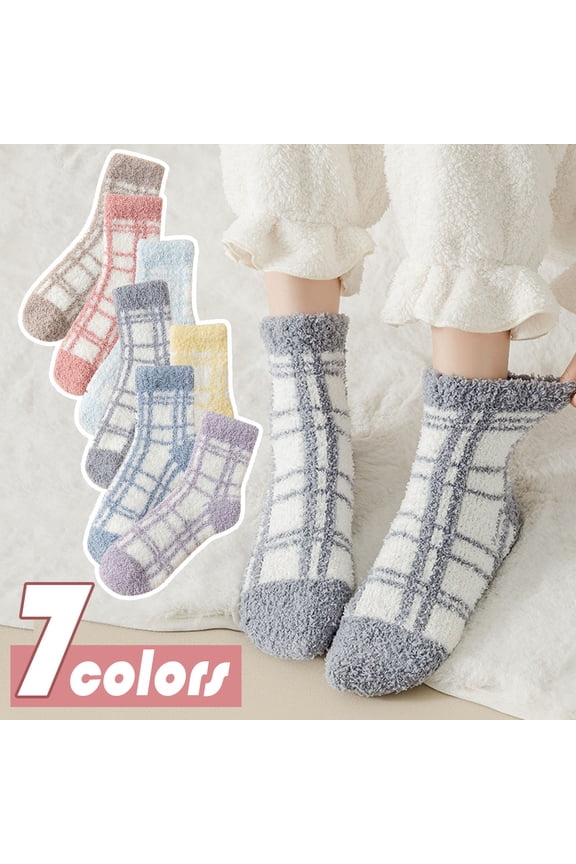 Women's Plaid Fleece Socks, Non-Slip Gripper Soles Sleeping House Socks, Cozy Winter 1 Pair T1503 Universal Fit