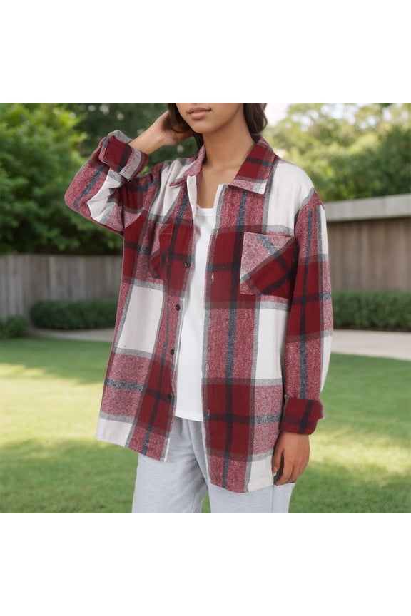 Women's Plaid Tweed Shacket, Autumn New Fashion Checkered Outerwear , Plaid Wool Coat, Mid-Length Fall Jacket, Classy Overcoat Red 3Xl