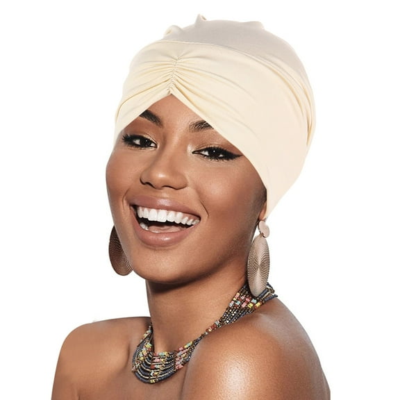Baberdicy Women's Pleated Turban - Milk Silk Cancer Cap - Adjustable Head Wrap - Medical Headwear - Breathable Comfort - Cancer Head Hat Cap Ethnic Bohemian Floral Hair Cover Wrap Beige,One Size