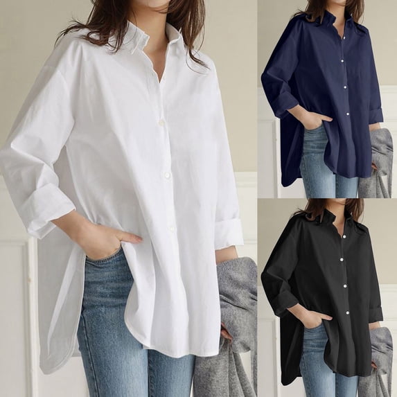 Baberdicy Women's Plus Size Cotton Blouses Long Sleeve Solid Color Loose Fit Casual Shirts with Pockets, Navy Xxl