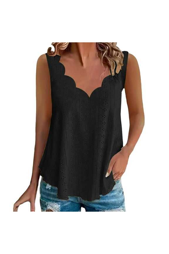 Women's Plus Size Scallop Hem Vest – Comfortable V-Neck Sleeveless Top, Lightweight Breathable Casual Wear, Loose Fit Summer Tank (Black | XL)