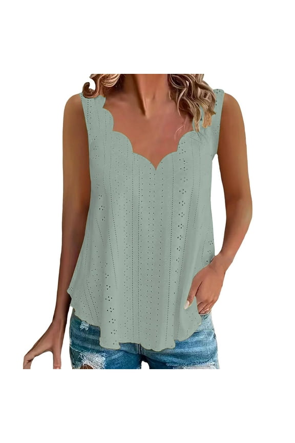 Women's Plus Size Scallop Hem Vest – Comfortable V-Neck Sleeveless Top, Lightweight Breathable Casual Wear, Loose Fit Summer Tank (Green | 5XL)