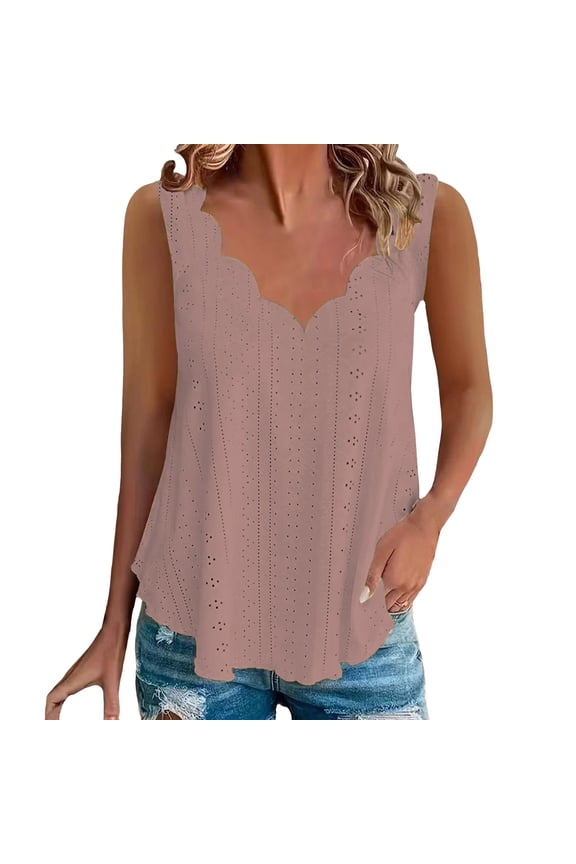 Women's Plus Size Scallop Hem Vest – Comfortable V-Neck Sleeveless Top, Lightweight Breathable Casual Wear, Loose Fit Summer Tank (Khaki | 3XL)