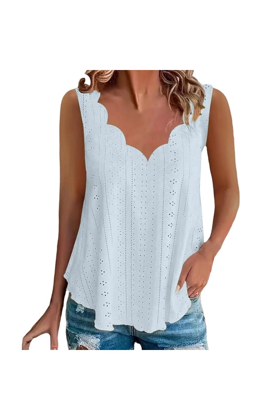 Women's Plus Size Scallop Hem Vest – Comfortable V-Neck Sleeveless Top, Lightweight Breathable Casual Wear, Loose Fit Summer Tank (Light blue | XXL)