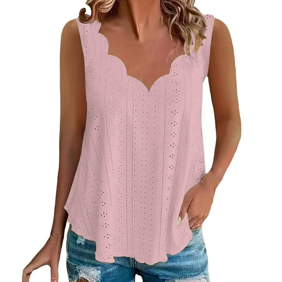 Baberdicy Women's Plus Size Scallop Hem Vest – Comfortable V-Neck Sleeveless Top, Lightweight Breathable Casual Wear, Loose Fit Summer Tank (Pink | 5XL)
