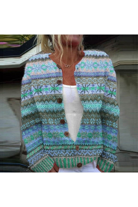 Women's Plush Art Print Cardigan, Icelandic Series Comfortable Knitted Open Front Sweater , Iceland Jacquard Cardigan, Geo-Print Knit Coat, Nordic Sweater Sky Blue M