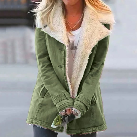 Baberdicy Women's Plush Button-Front Jacket, Turn-Down Collar Warm Coat, Cold Commute & Shopping , Fuzzy Button-Front Jacket, Plush Winter Coat, Cozy Layer Army Green 5Xl