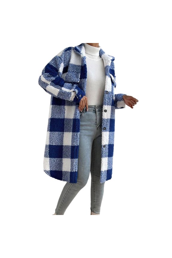 Women's Plush Plaid Coat, Autumn Winter Button down Lapel Long Loose Tunic Jacket , Plaid Fuzzy Jacket, Button Fleece Shacket, Lined Fall Coat Blue M