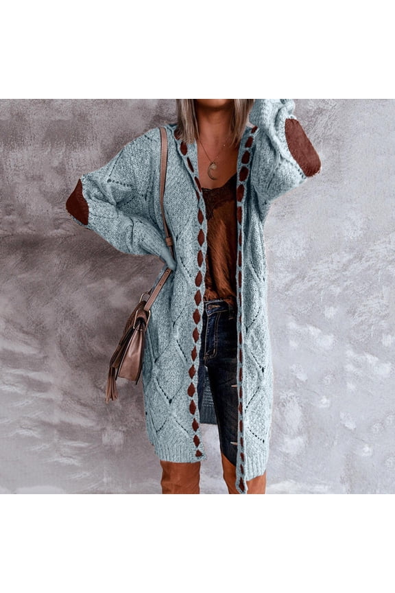 Women's Pocket Long Cardigan, Open Front Knit Sweater Jacket, Long Sleeve Chunky Button down Cover Up, Pocket Cardigan Sweater, Knit Duster Coat, Casual Layer for Fall, Blue, L