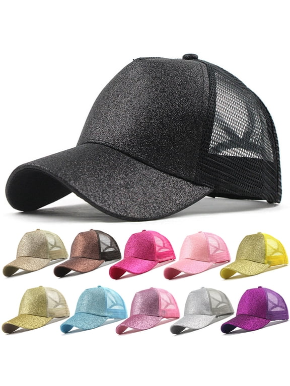 Women's Ponytail Trucker Hat, Glitter Snapback Cap with Hole for Messy Bun, Adjustable Purple Universal Fit