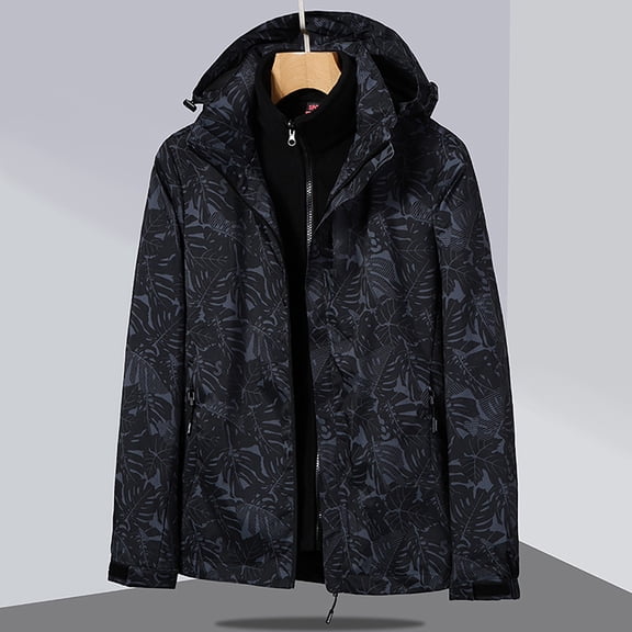 Baberdicy Women's Printed Waterproof Jacket, Double Layer Hooded Raincoat for Autumn , Maple-Print Rain Jacket, Windproof Hiking Shell, Fall Outdoor Coat Black Xxl