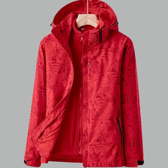 Baberdicy Women's Printed Waterproof Jacket, Double Layer Hooded Raincoat for Autumn , Maple-Print Rain Jacket, Windproof Hiking Shell, Fall Outdoor Coat Red L