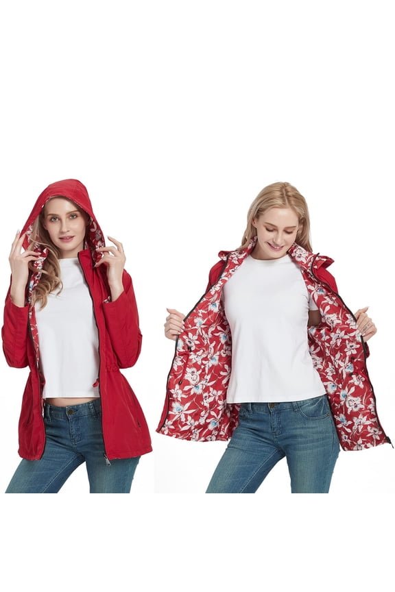 Women's Reversible Printed Raincoat, Lightweight Packable Waterproof Windbreaker , Reversible Printed Raincoat, Lightweight Windbreaker, Packable Jacket Red M